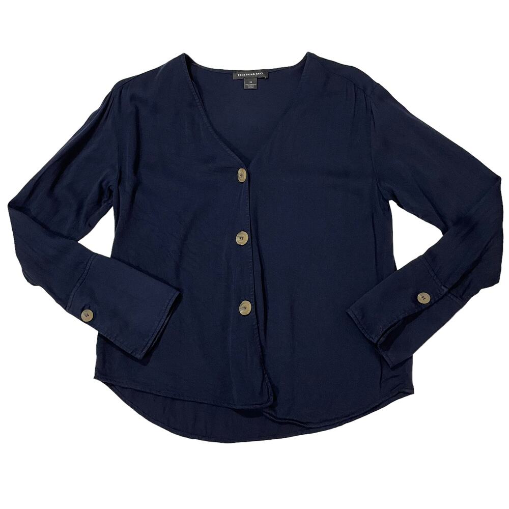 SOMETHING NAVY Pretty Button Through Top - Navy Blue - XS
